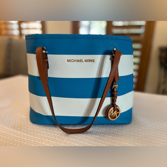 MICHAEL Michael Kors Handbags - MICHAEL Michael Kors Blue and White Striped Tote with Brown Leather Straps